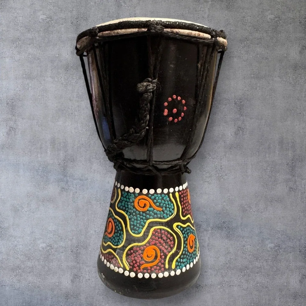 Mini Djembe Drum 8" Wood Hand Made Painted Black Tribal Dot Art Boho Percussion - Picture 11 of 11